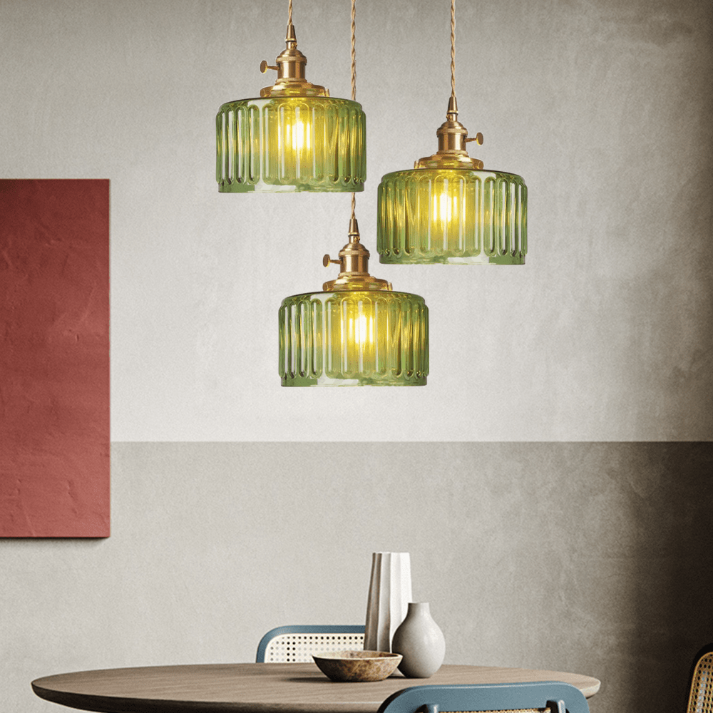 Taklampe, vintage-stil ribbet glasskjerm, justerbar E27-ledning