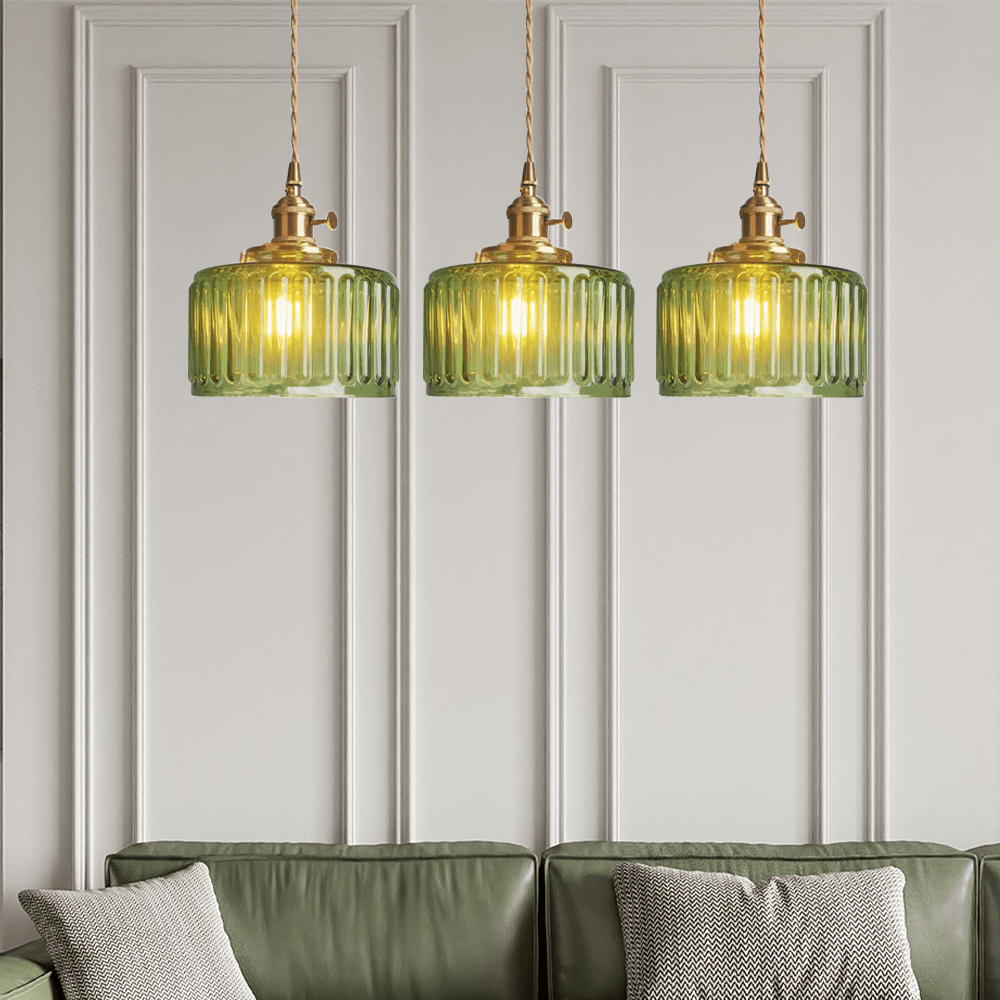 Taklampe, vintage-stil ribbet glasskjerm, justerbar E27-ledning