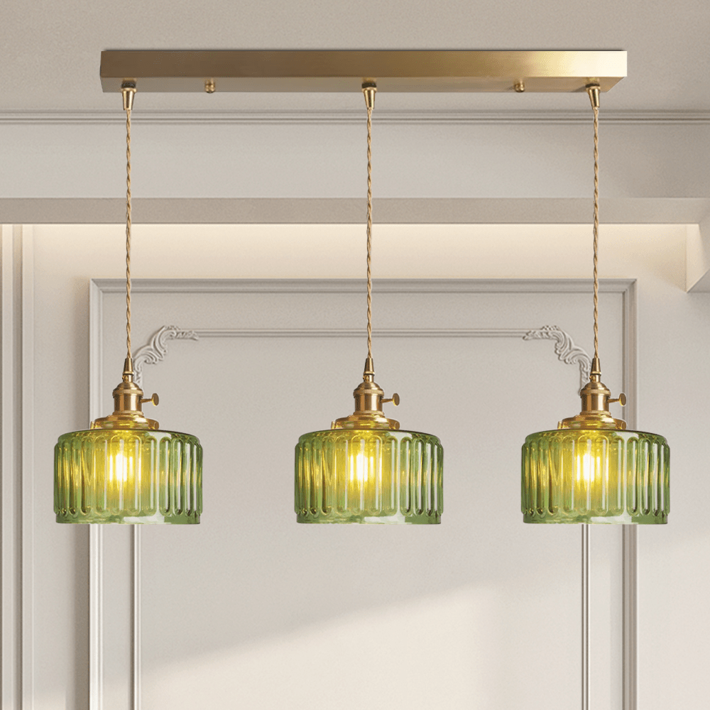 Taklampe, vintage-stil ribbet glasskjerm, justerbar E27-ledning