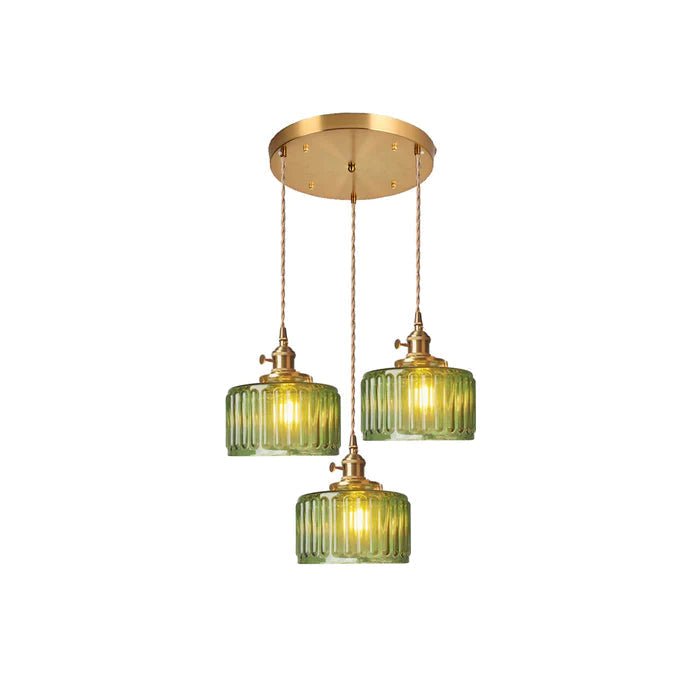 Taklampe, vintage-stil ribbet glasskjerm, justerbar E27-ledning