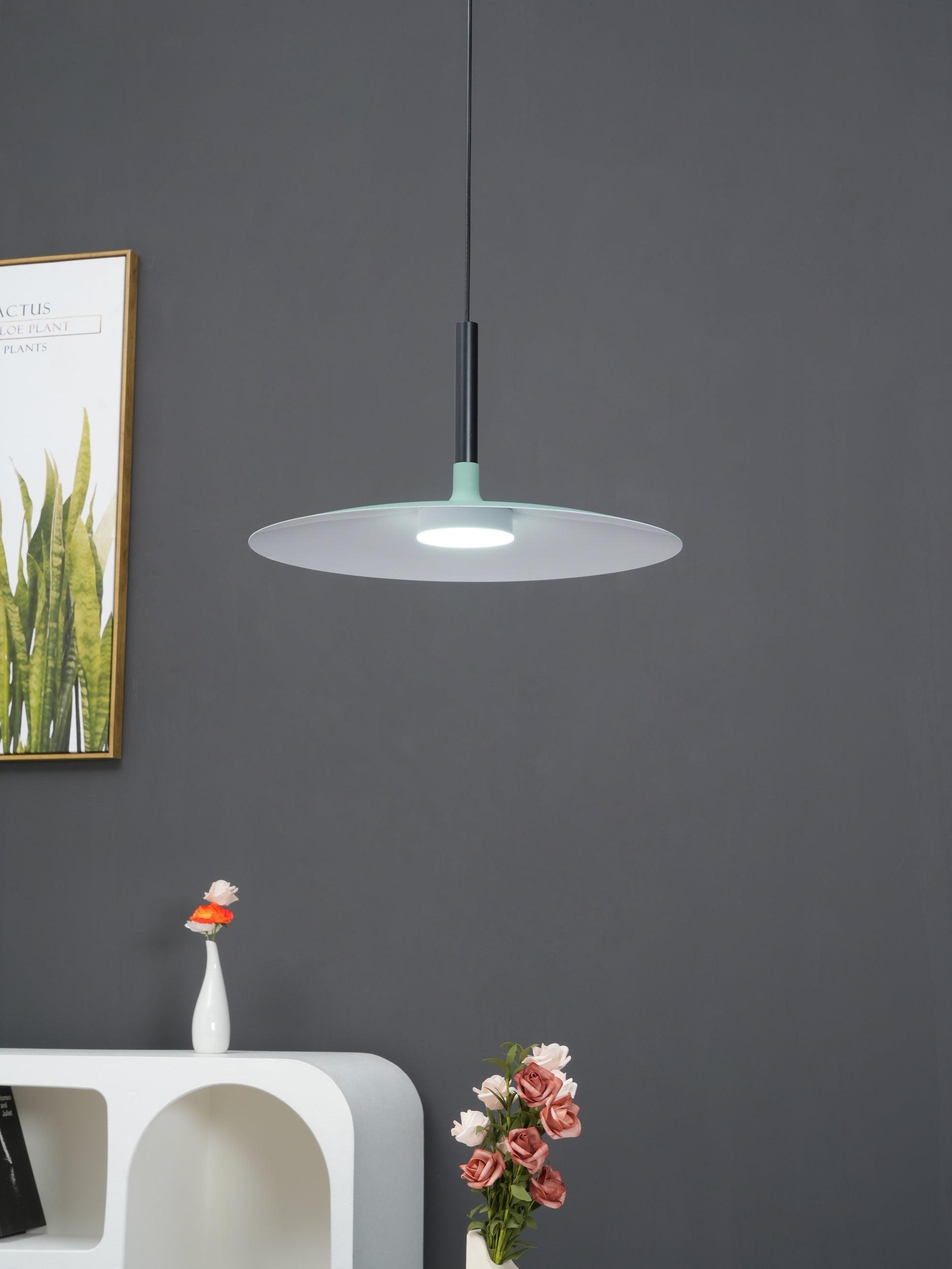 Pendant light shade angled to reveal its interior reflector