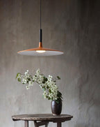 Aluminum pendant light grouped over a long dining table