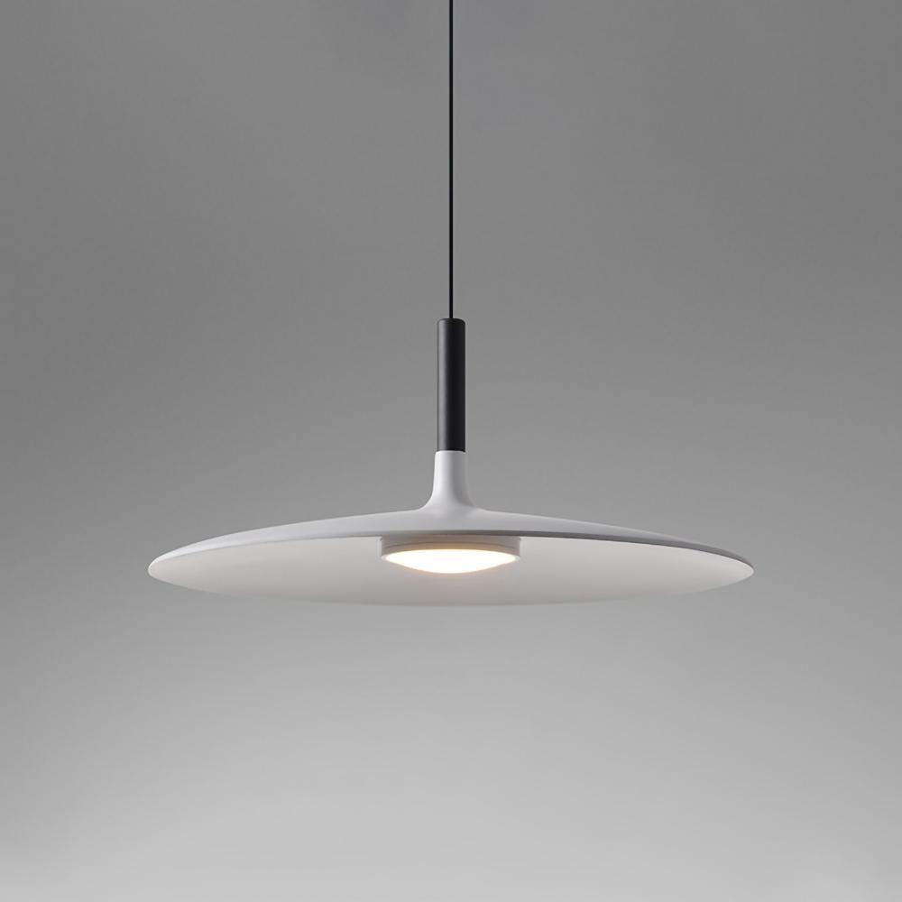 Aluminum pendant light shade hanging over a styled interior setting