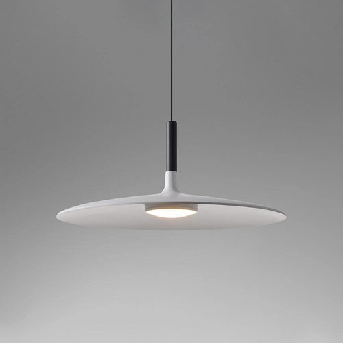 Aluminum pendant light shade hanging over a styled interior setting