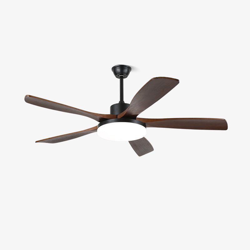 Wood grain ceiling fan with integrated LED in a modern living room