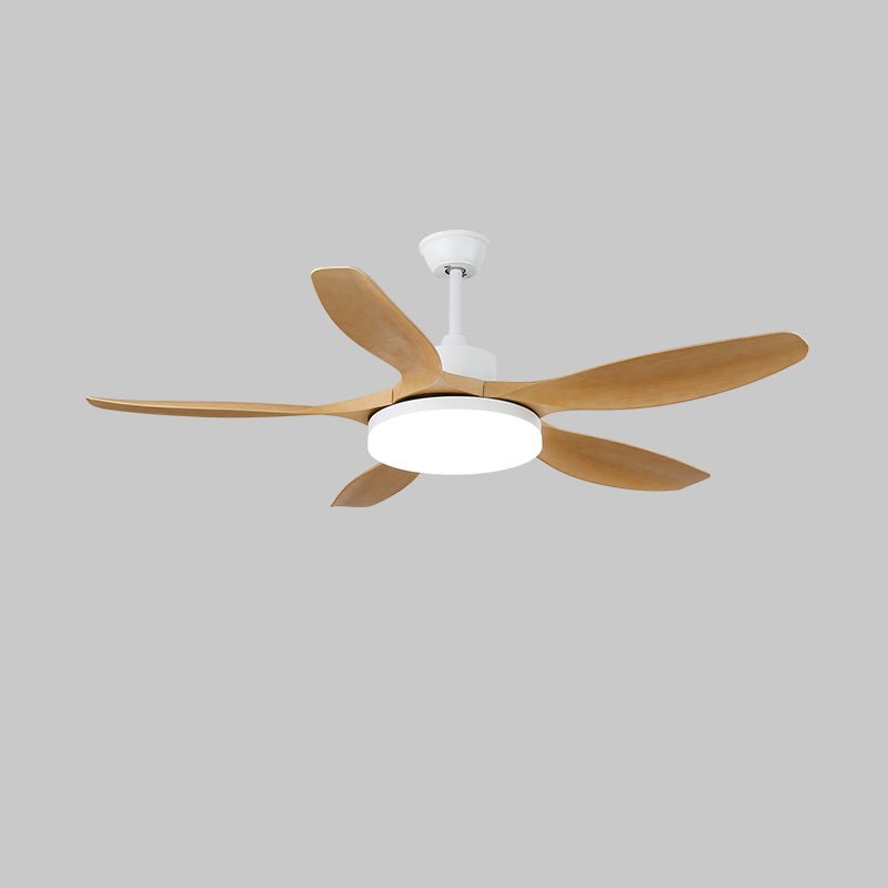 Wood grain ceiling fan with light mounted on a flat ceiling