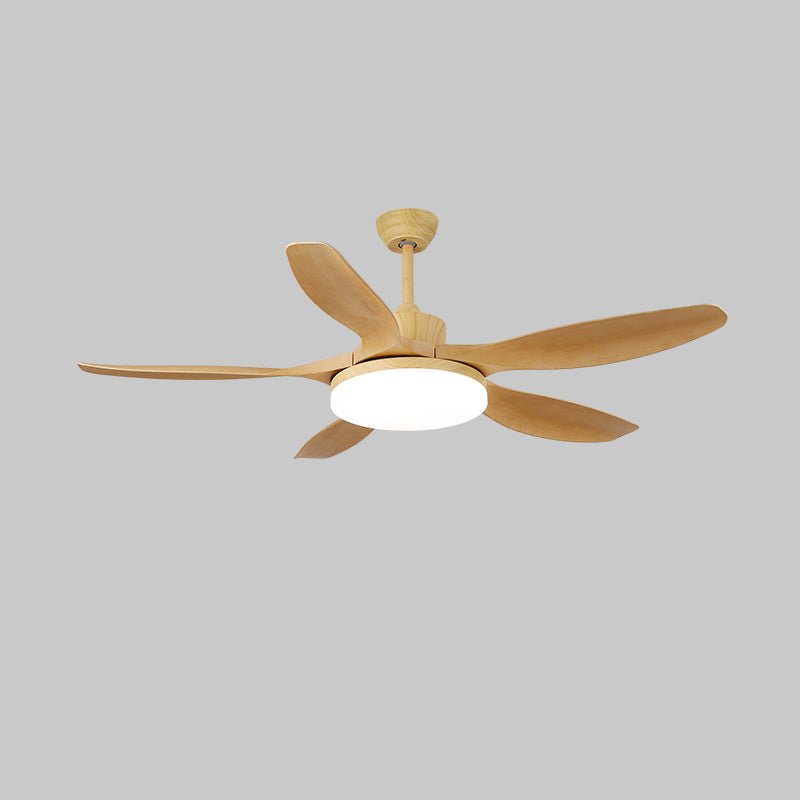 Ceiling fan with light showing handheld remote and wood grain blades