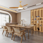 Wood grain ceiling fan with warm LED glow over a seating area