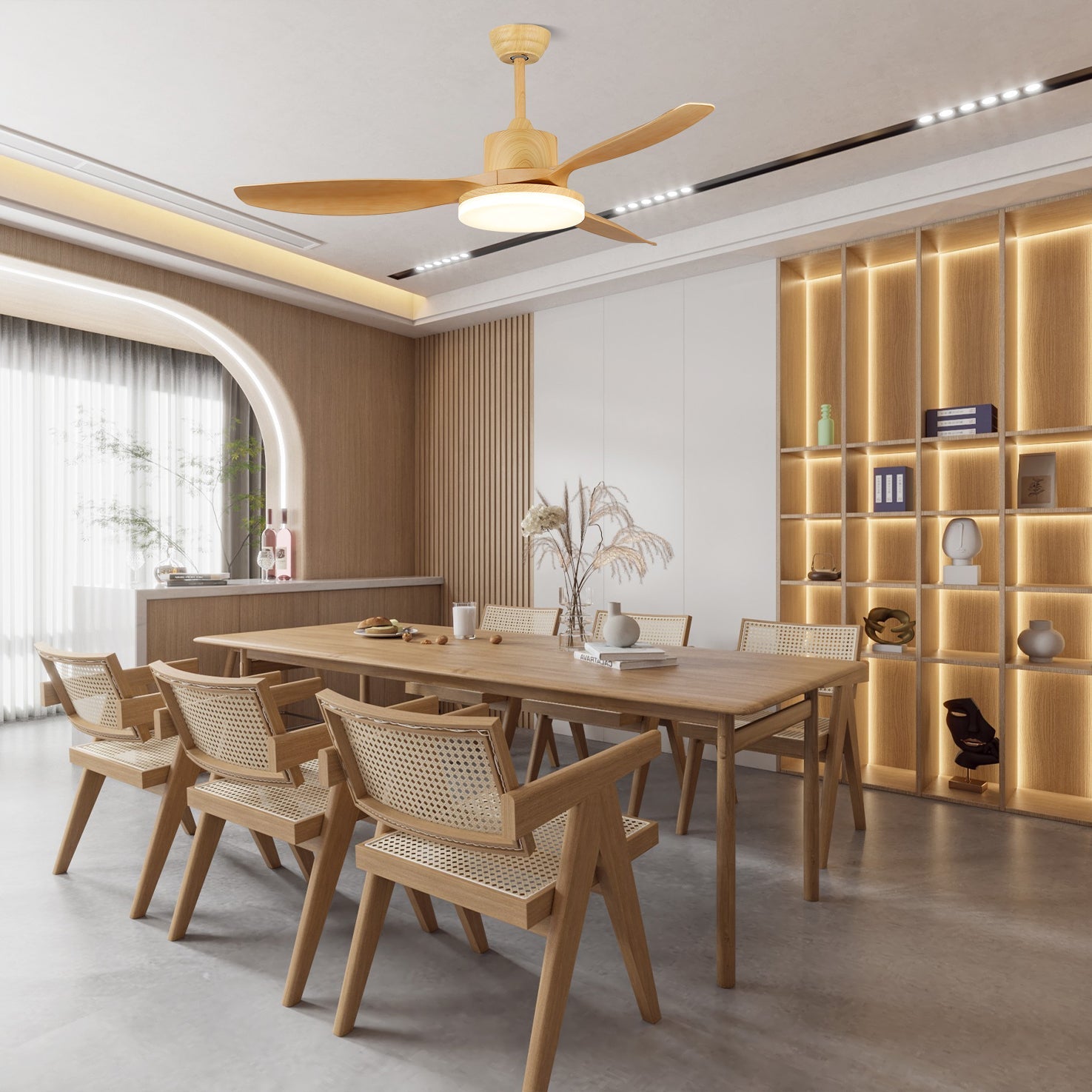 Wood grain ceiling fan with warm LED glow over a seating area