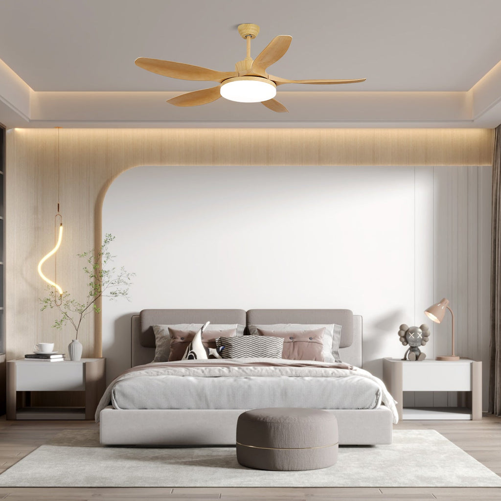 Modern ceiling fan with light and five wood grain ABS blades