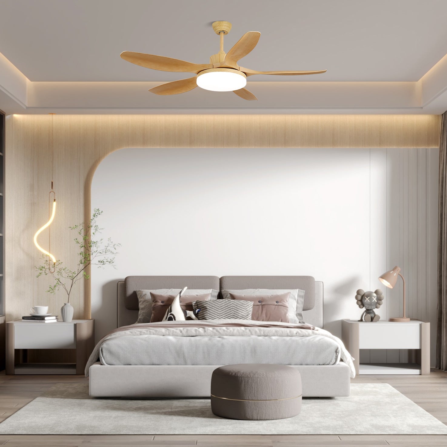 Modern ceiling fan with light and five wood grain ABS blades