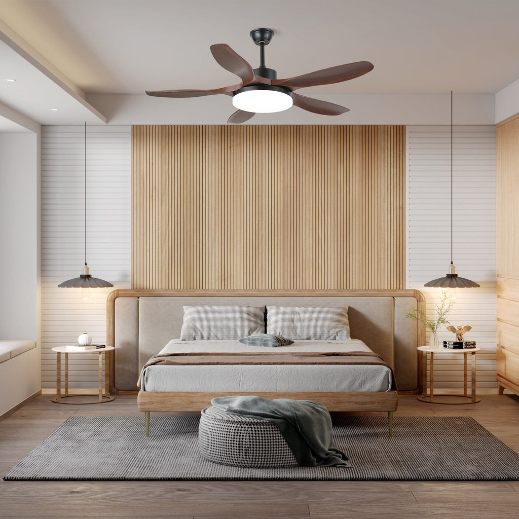 Wood grain ceiling fan with light and five angled ABS blades