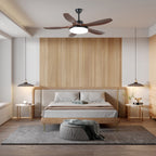 Wood grain ceiling fan with light and five angled ABS blades