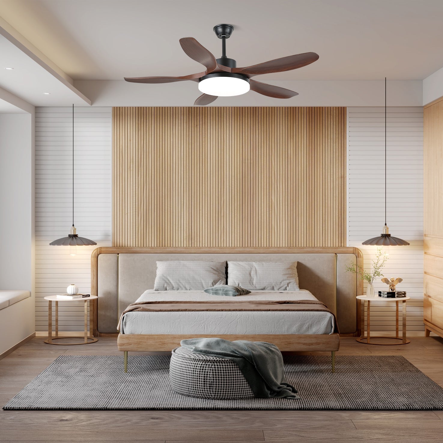 Wood grain ceiling fan with light and five angled ABS blades