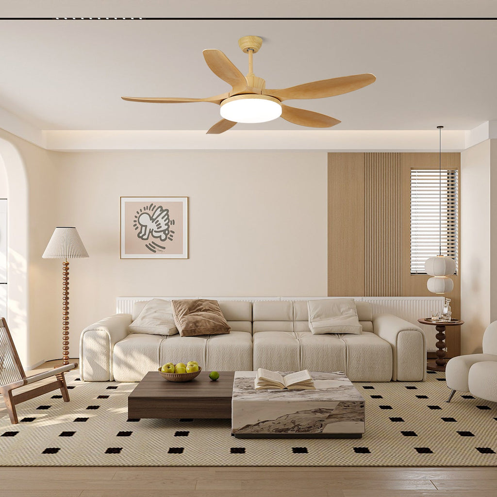 Ceiling fan with light showing natural wood grain blade detail