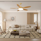 Ceiling fan with light showing natural wood grain blade detail