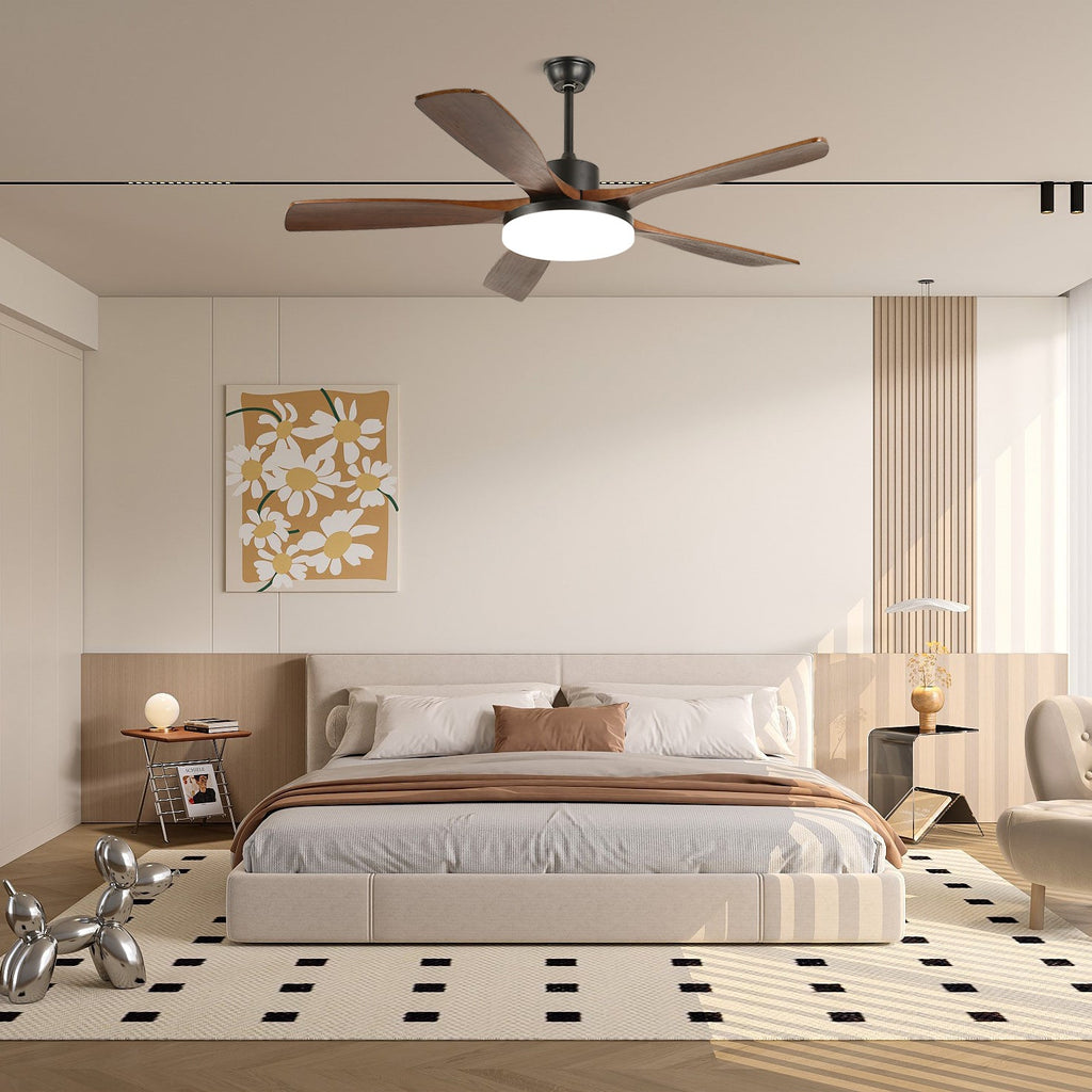 Wood grain ceiling fan with integrated LED daylight illumination