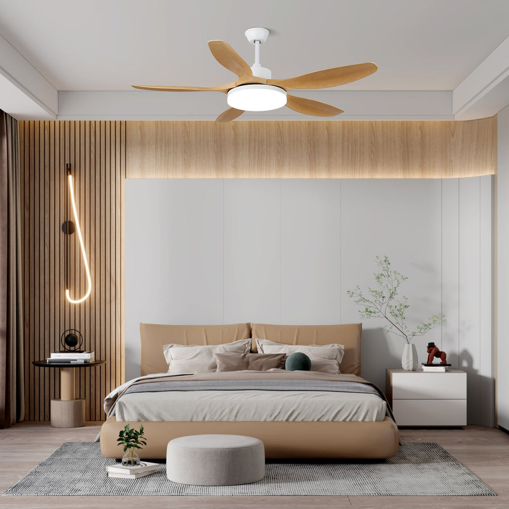 Wood grain ceiling fan with light in a transitional bedroom