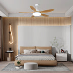 Wood grain ceiling fan with light in a transitional bedroom