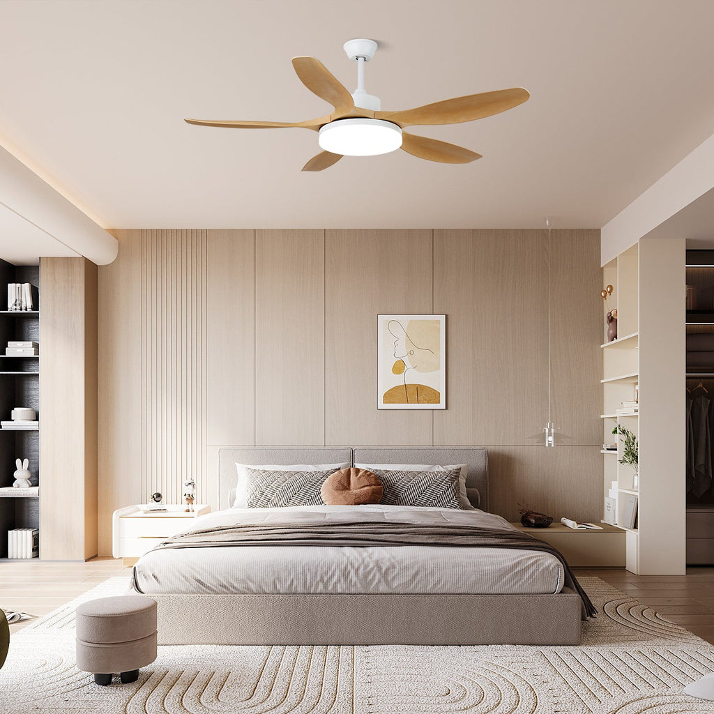 Ceiling fan with integrated LED in natural wood grain finish