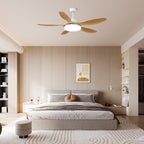 Ceiling fan with integrated LED in natural wood grain finish