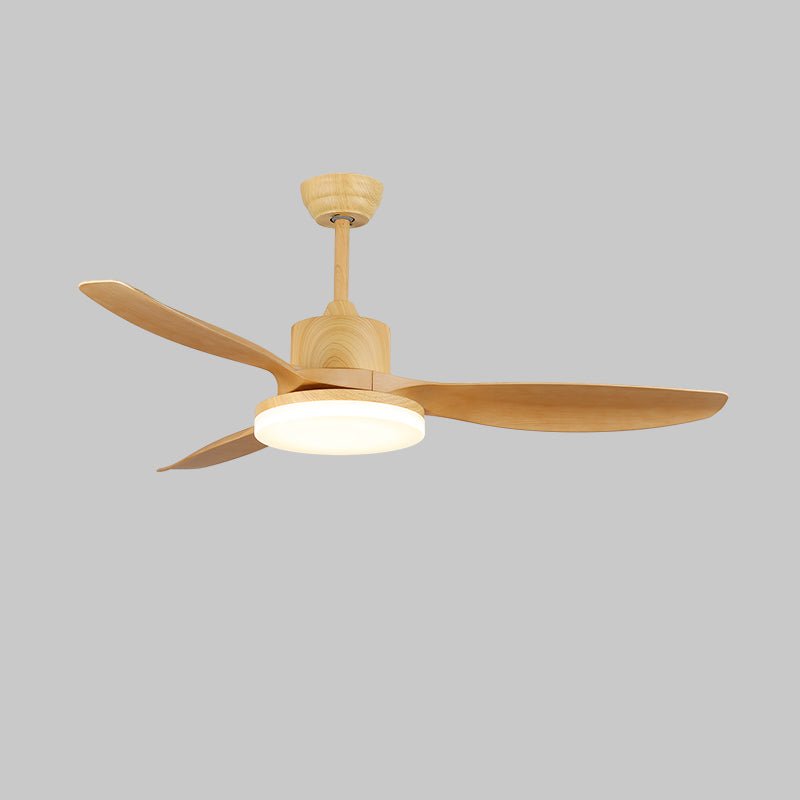 Walnut wood grain ceiling fan with integrated LED daylight tone