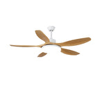 Wood grain ceiling fan glowing with warm integrated LED light