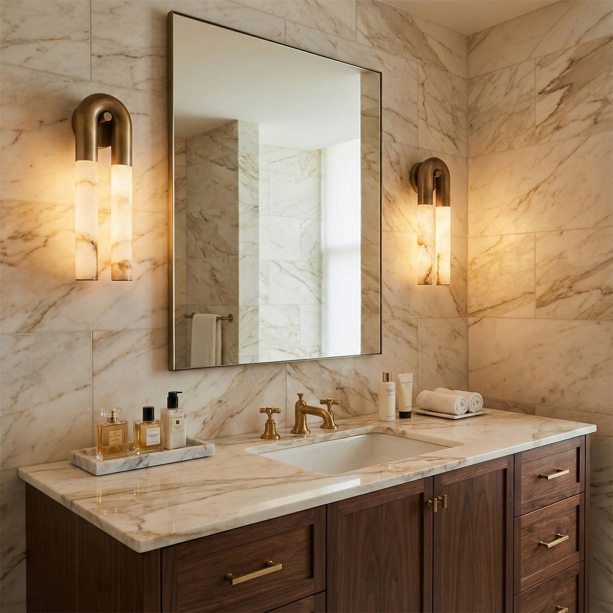 Two bronze Arch wall sconces either side of a bathroom mirror above a marble vanity with brass taps