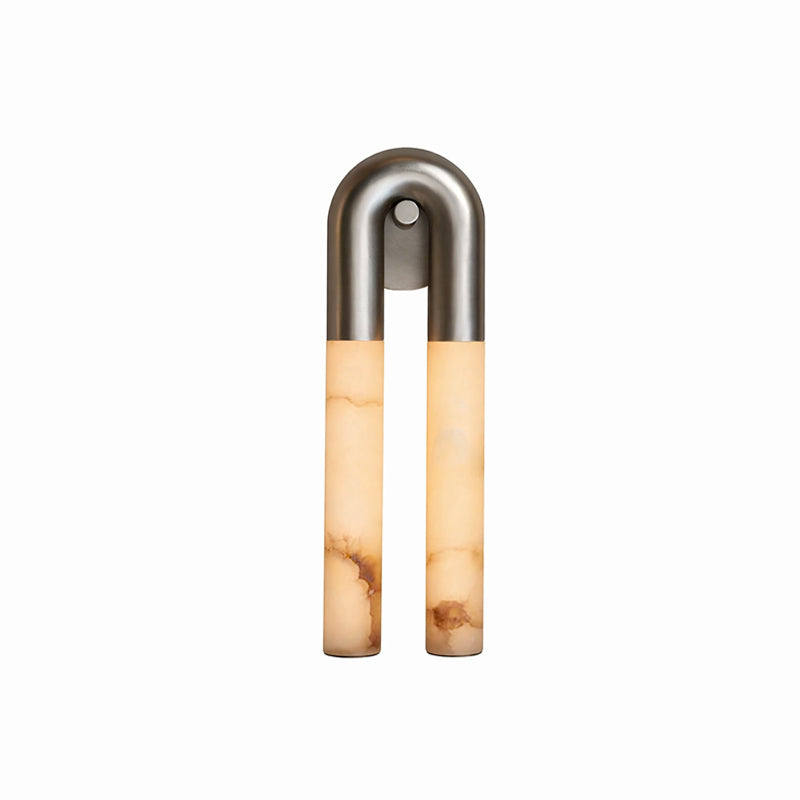 Front view of the nickel Arch wall sconce on a white background, brushed U-bend and veined alabaster tubes