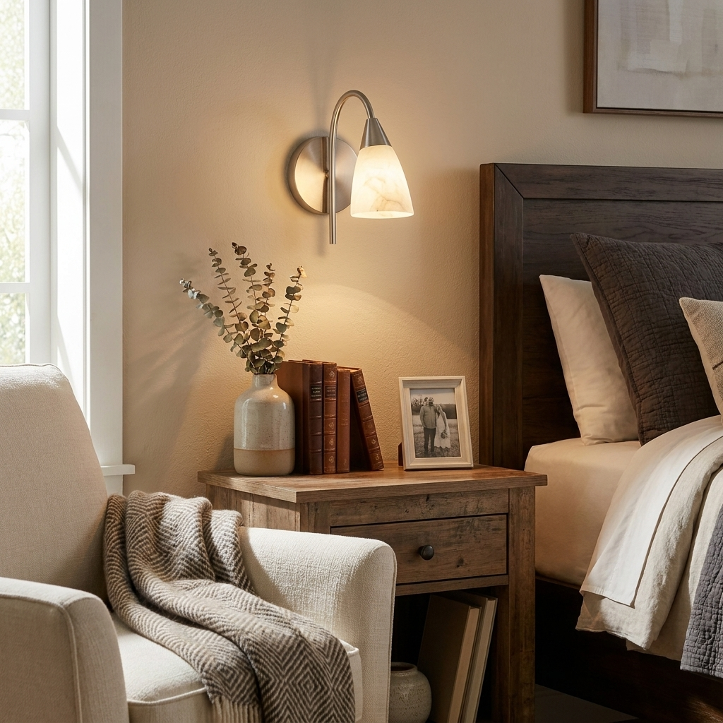 Above a nightstand next to a dark wood headboard, the nickel finish of this Clérachic sconce casts a warm glow.