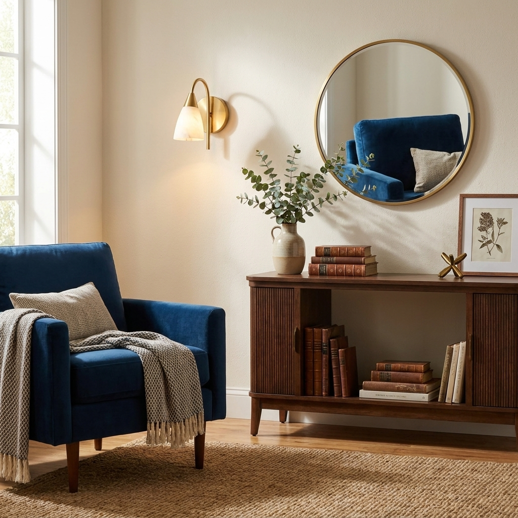 Next to a round mirror and a navy blue armchair, this Clérachic sconce's brass arm angles its light downward.