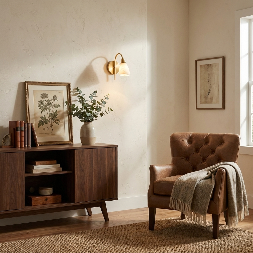 Beside a walnut sideboard with botanical prints, the brass-finish sconce from Clérachic glows above a mid-century armchair.