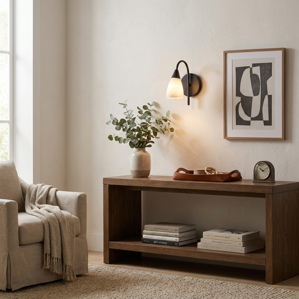 Above a narrow console bench, the black-finish sconce from Clérachic lights a framed piece of wall art nearby.