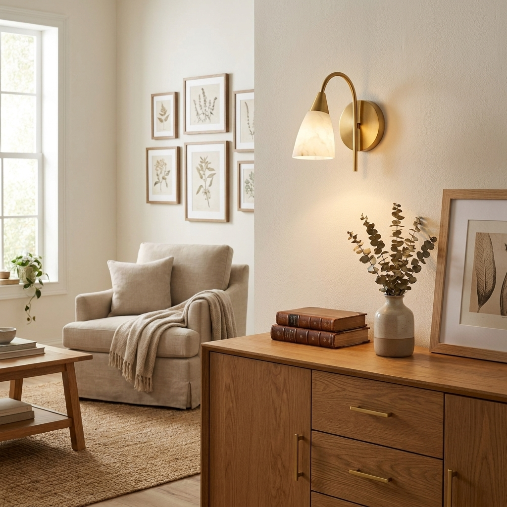 Beside a gallery wall and an oak dresser, this Clérachic sconce's brass arm lights a corner armchair below.