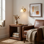 Over a wood side table and a brown leather armchair, the brass-finish sconce from Clérachic lights a framed print on the wall.