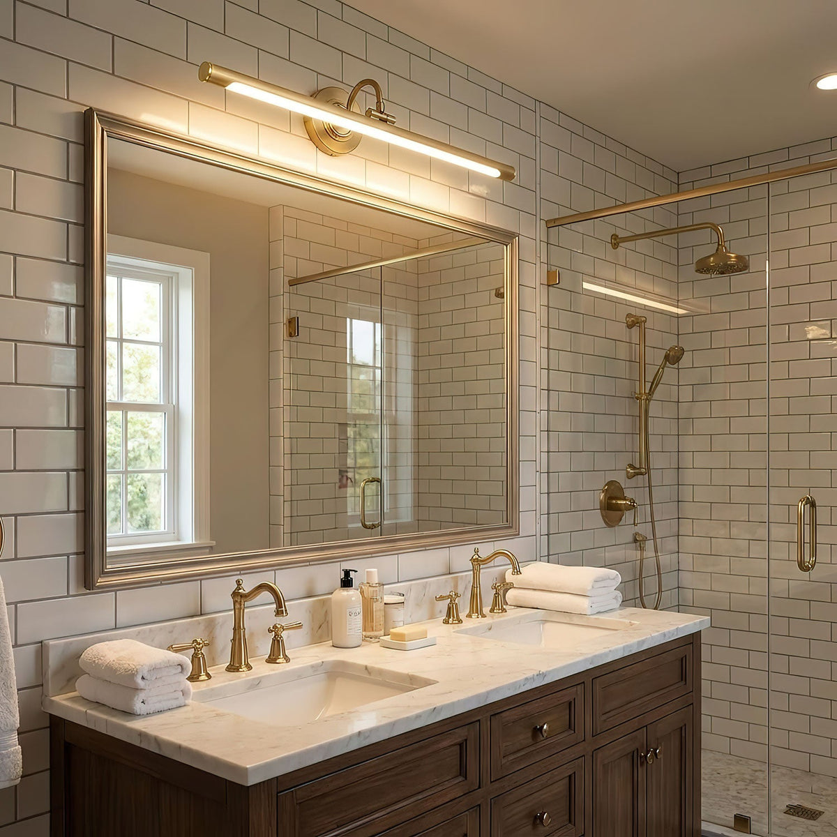 Above a double vanity in a bathroom with white subway tile, this gold Clérachic wall sconce lights the mirror.