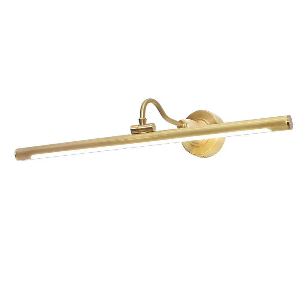 This Clérachic wall sconce in gold glows at an angle on a plain grey background, its bracket and bar in view.