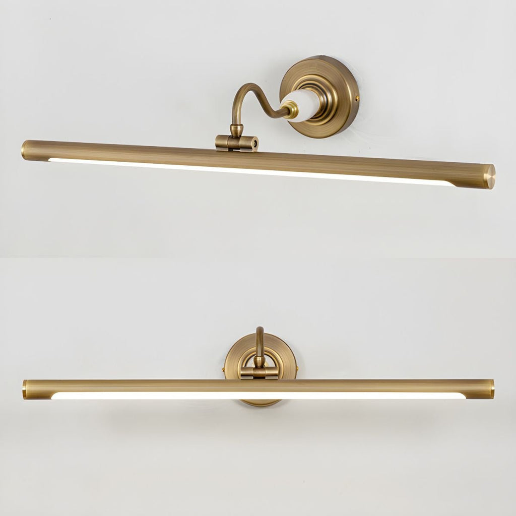 This Clérachic wall sconce in gold is pictured twice, straight-on above and at an angle below, showing its curved mounting arm.
