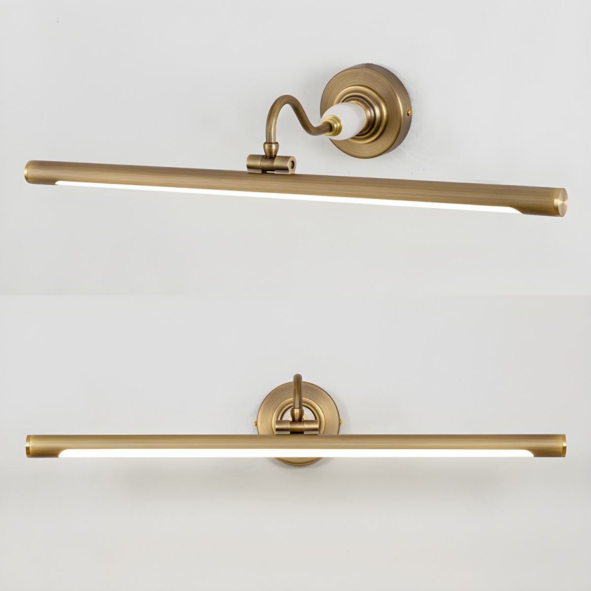 This Clérachic wall sconce in gold is pictured twice, straight-on above and at an angle below, showing its curved mounting arm.