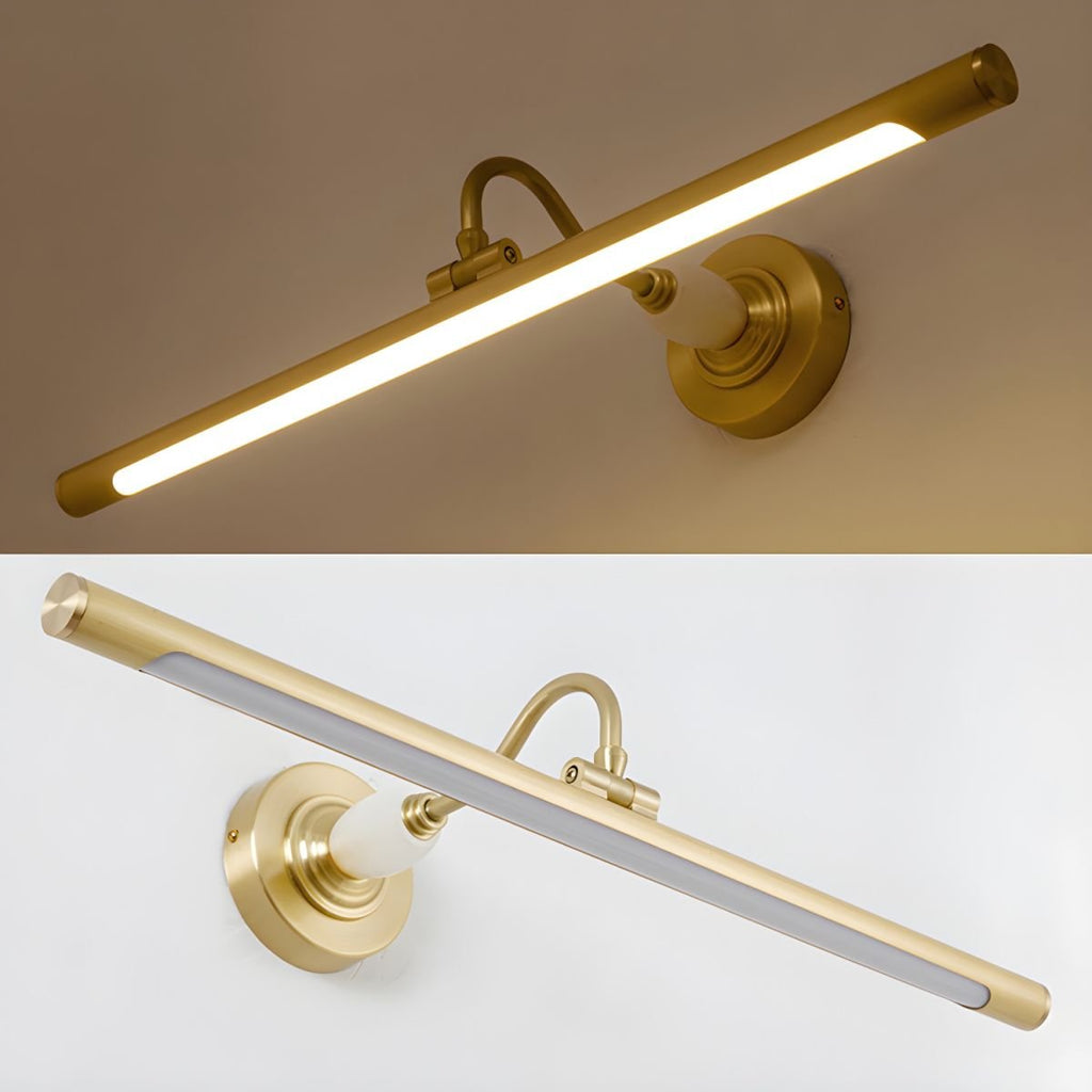 Shown lit and unlit in two angled views, this Clérachic wall sconce in gold displays its slim bar and swivel arm.