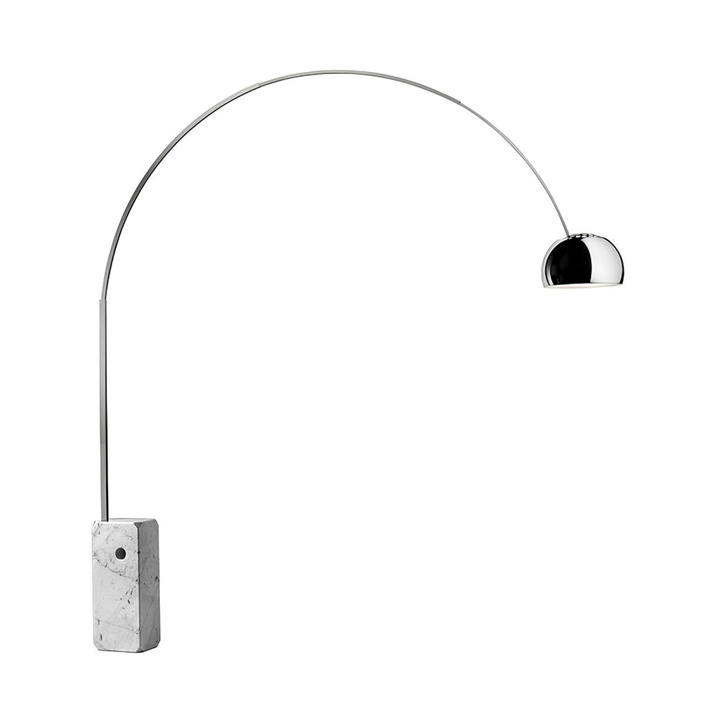 A Clérachic arc floor lamp photographed alone on a plain white backdrop, showing its full steel arch and marble base.