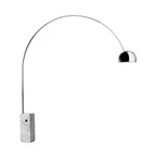 A Clérachic arc floor lamp photographed alone on a plain white backdrop, showing its full steel arch and marble base.