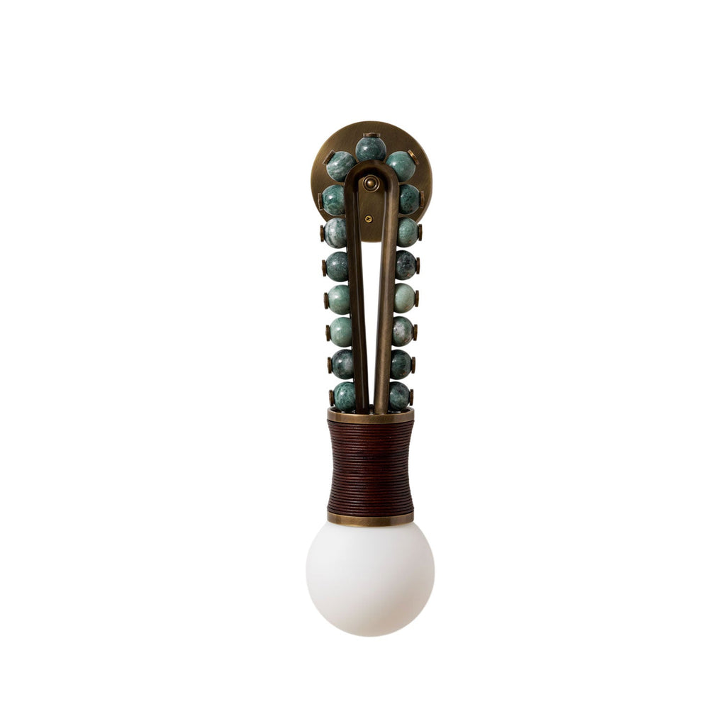 Clérachic wall sconce with sage-green beads and a maroon-wrapped base, photographed straight-on against white.