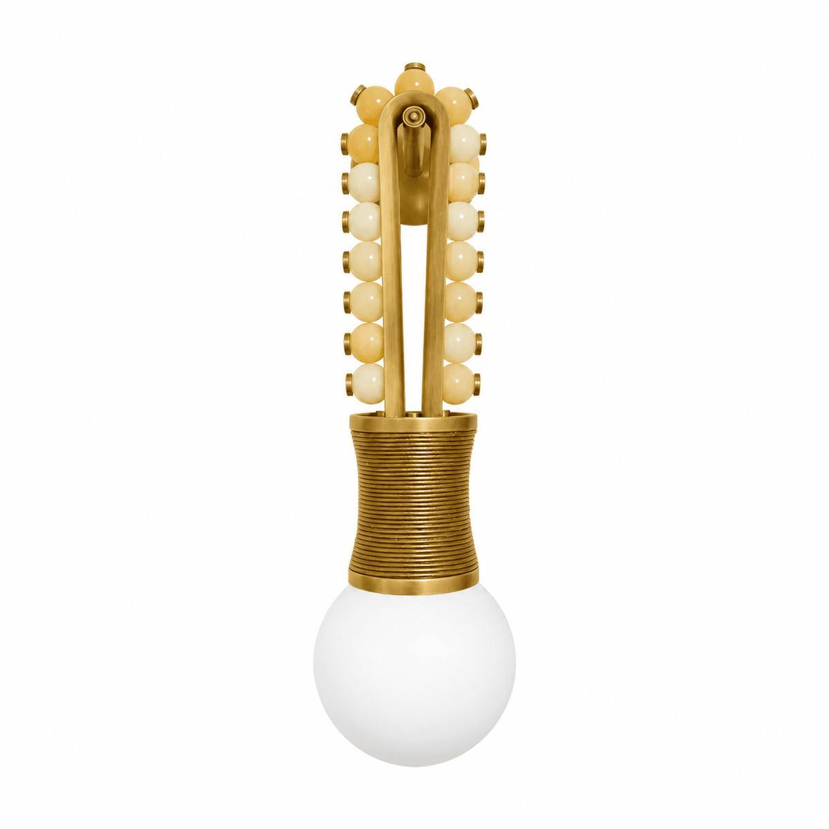 Clérachic wall light with pale butter-yellow stone beads on a brass frame and a brass-wrapped base, on a white background.