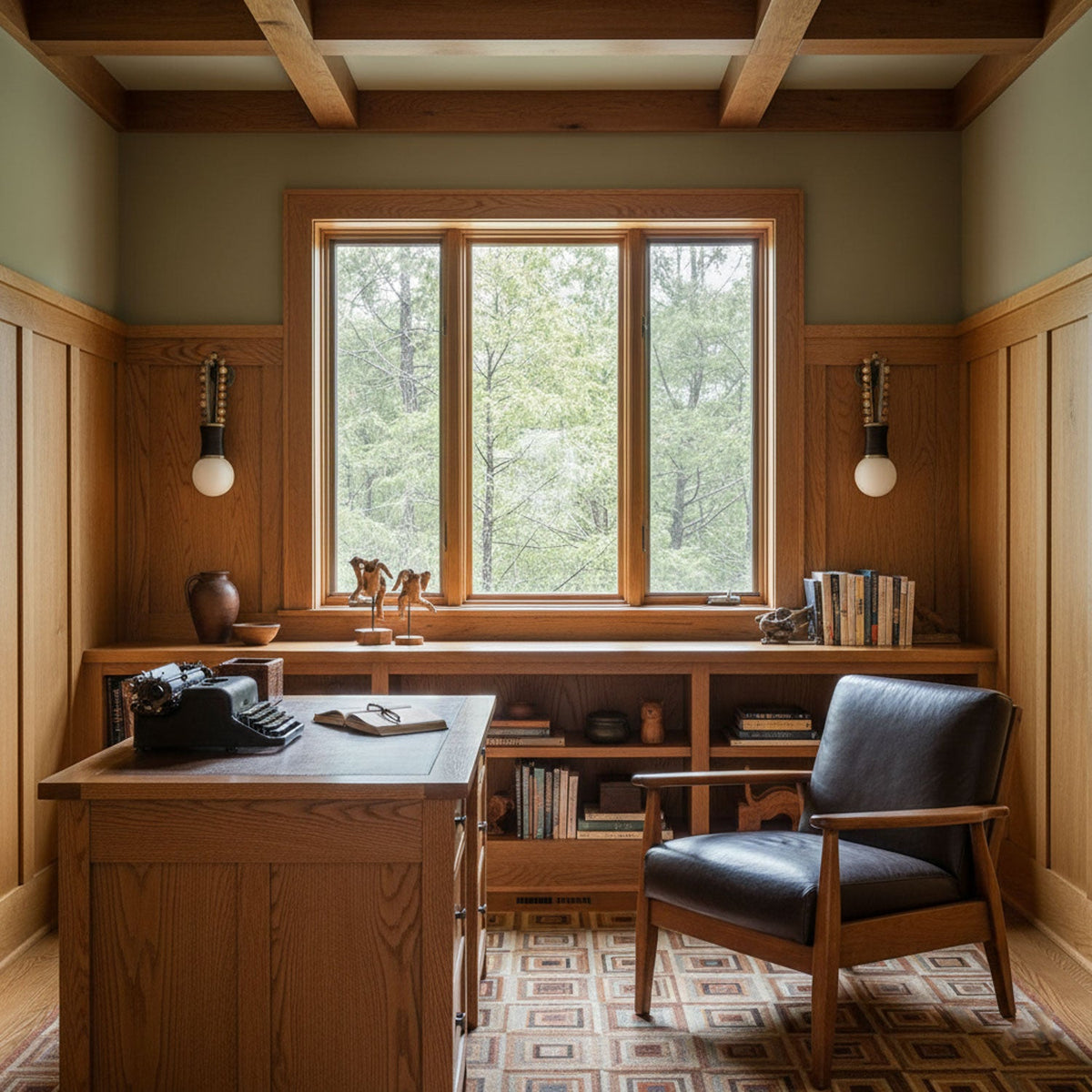 Flanking a window seat, two Clérachic wall sconces glow in a wood-panelled study beside a leather armchair.