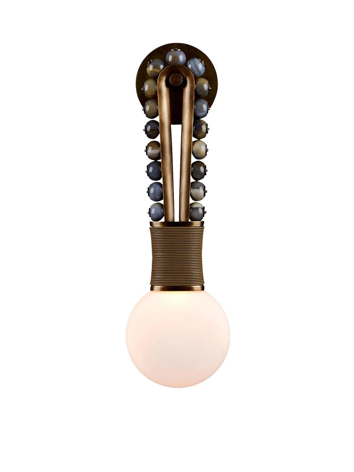 Clérachic wall light with blue-grey speckled stone beads on a brass frame and a brass-wrapped base, on a plain background.