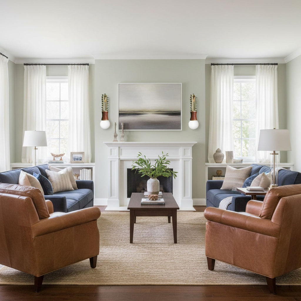 A painting hangs above the fireplace mantel, lit either side by two Clérachic wall sconces in a sage-green living room.