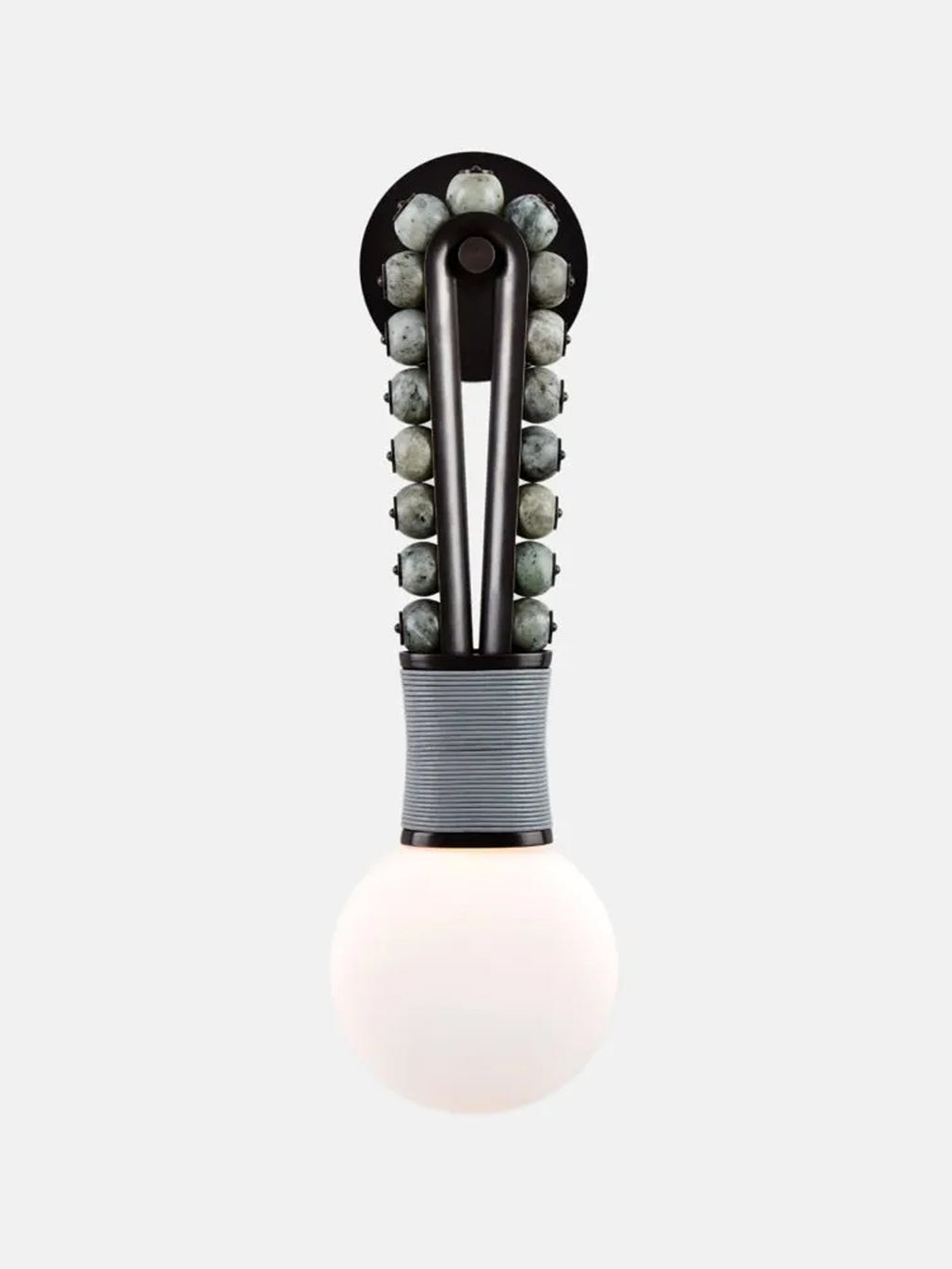 Clérachic wall light with speckled grey stone beads on a brass frame and a grey-wrapped base, on a plain light-grey background.