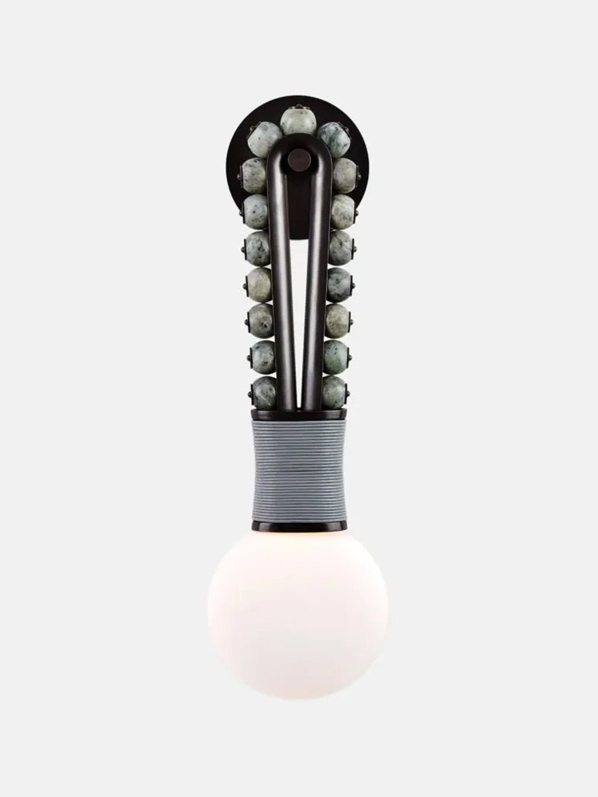 Clérachic wall light with speckled grey stone beads on a brass frame and a grey-wrapped base, on a plain light-grey background.