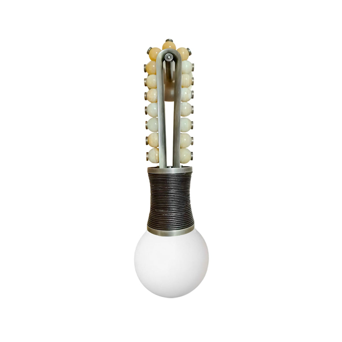 Clérachic wall light with cream stone beads on a brass frame and a dark bronze-wrapped base, photographed straight-on against white.